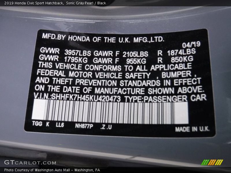 Sonic Gray Pearl / Black 2019 Honda Civic Sport Hatchback