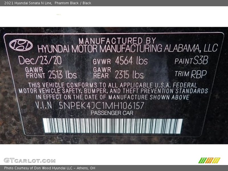 2021 Sonata N Line Phantom Black Color Code S3B
