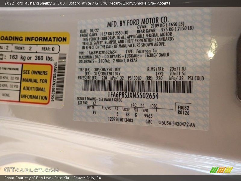 2022 Mustang Shelby GT500 Oxford White Color Code YZ