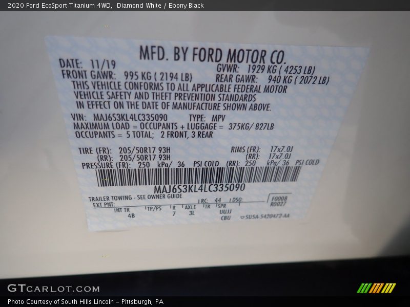 Diamond White / Ebony Black 2020 Ford EcoSport Titanium 4WD