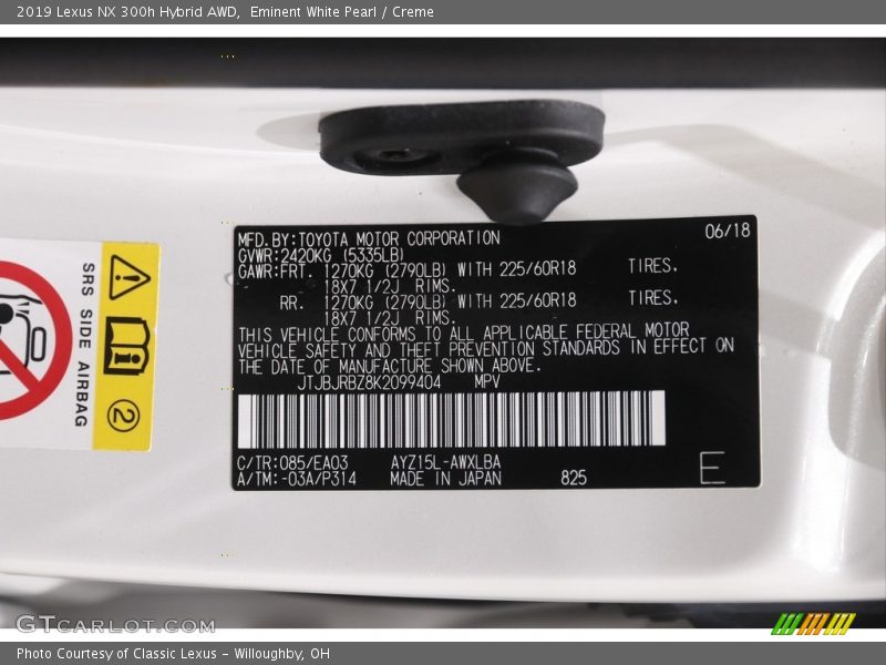 2019 NX 300h Hybrid AWD Eminent White Pearl Color Code 085