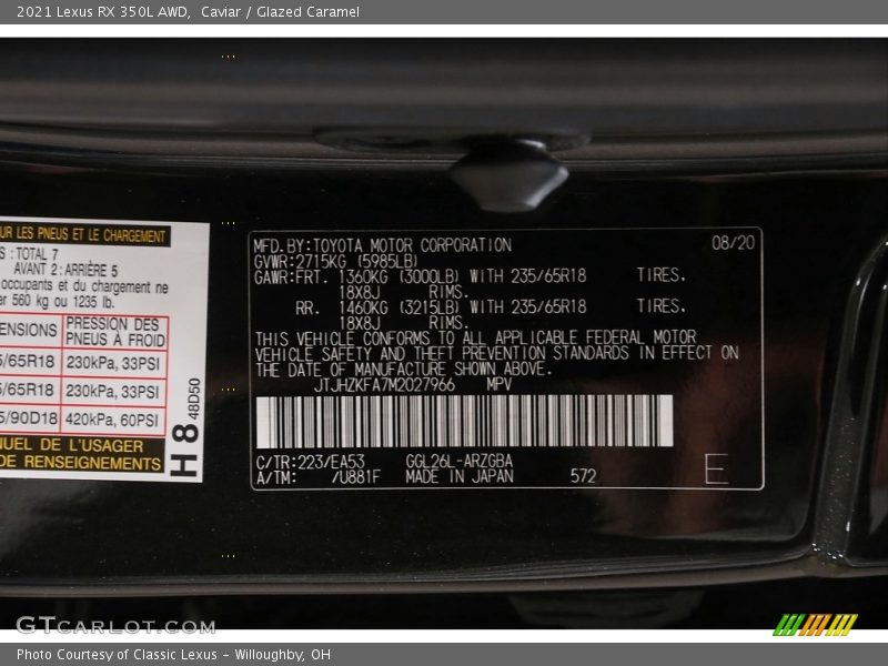 2021 RX 350L AWD Caviar Color Code 223