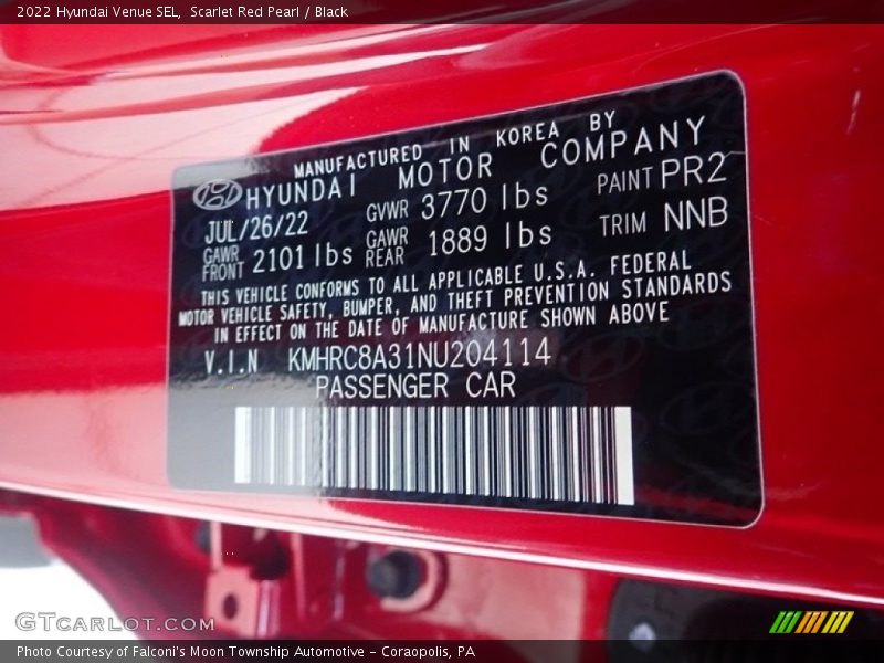 2022 Venue SEL Scarlet Red Pearl Color Code PR2