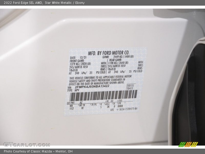 Star White Metallic / Ebony 2022 Ford Edge SEL AWD