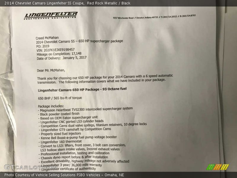 Info Tag of 2014 Camaro Lingenfelter SS Coupe