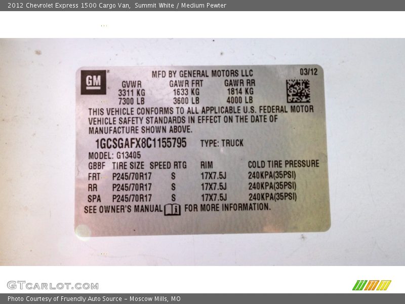 Summit White / Medium Pewter 2012 Chevrolet Express 1500 Cargo Van