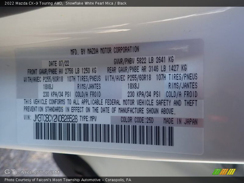 Snowflake White Pearl Mica / Black 2022 Mazda CX-9 Touring AWD