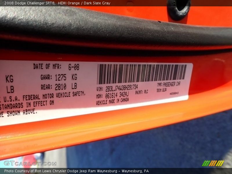 2008 Challenger SRT8 HEMI Orange Color Code PLC