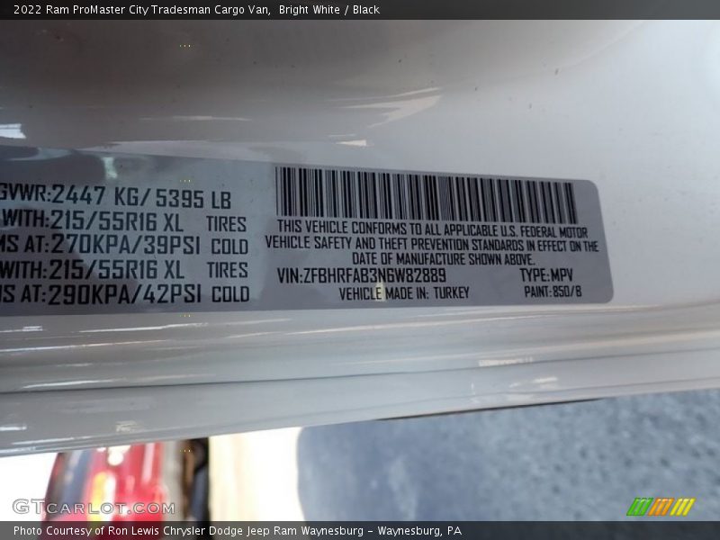 2022 ProMaster City Tradesman Cargo Van Bright White Color Code 850
