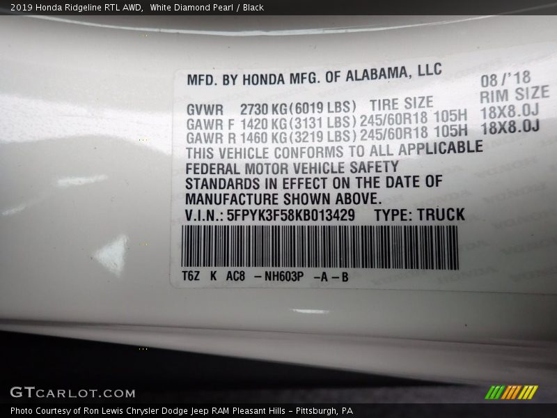 White Diamond Pearl / Black 2019 Honda Ridgeline RTL AWD