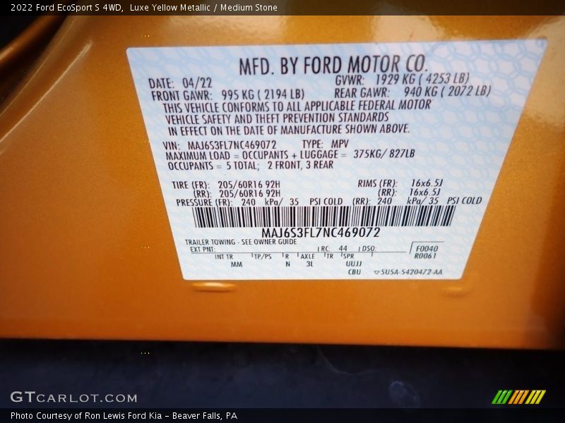 Luxe Yellow Metallic / Medium Stone 2022 Ford EcoSport S 4WD