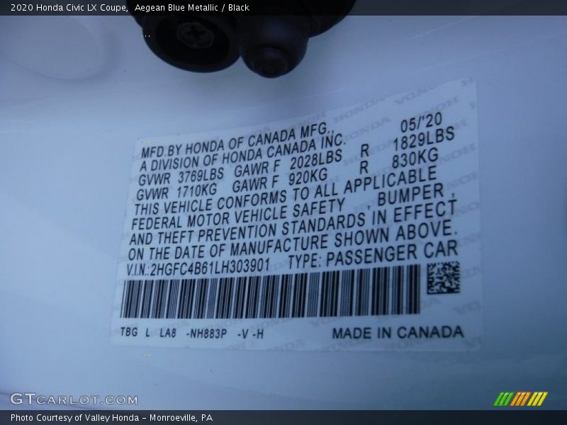 Aegean Blue Metallic / Black 2020 Honda Civic LX Coupe