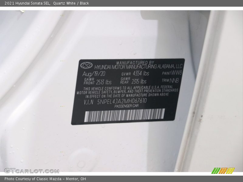 Quartz White / Black 2021 Hyundai Sonata SEL