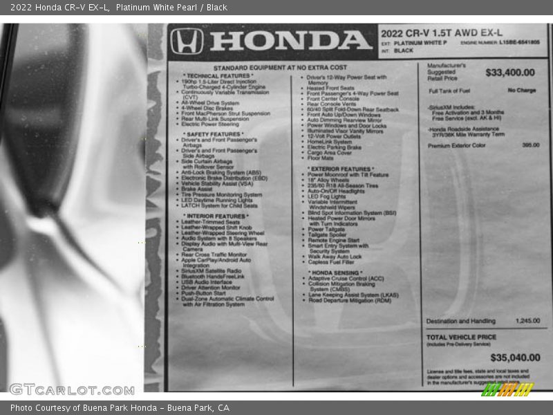 Platinum White Pearl / Black 2022 Honda CR-V EX-L