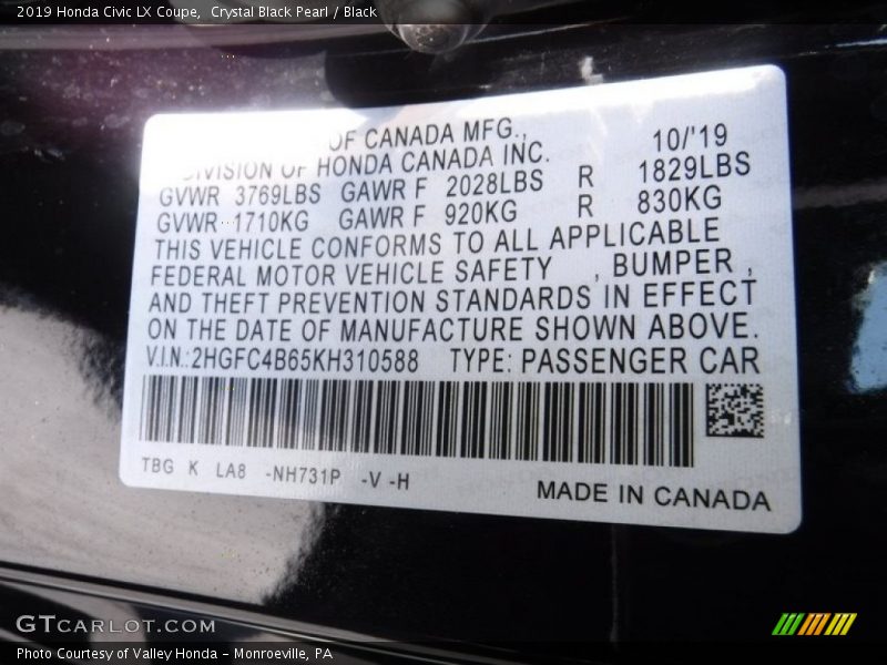 Crystal Black Pearl / Black 2019 Honda Civic LX Coupe