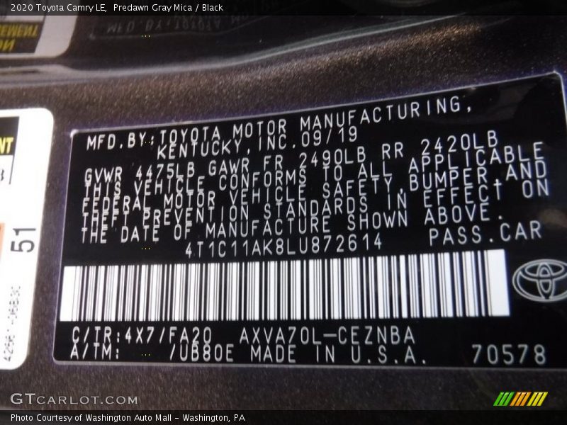 Predawn Gray Mica / Black 2020 Toyota Camry LE