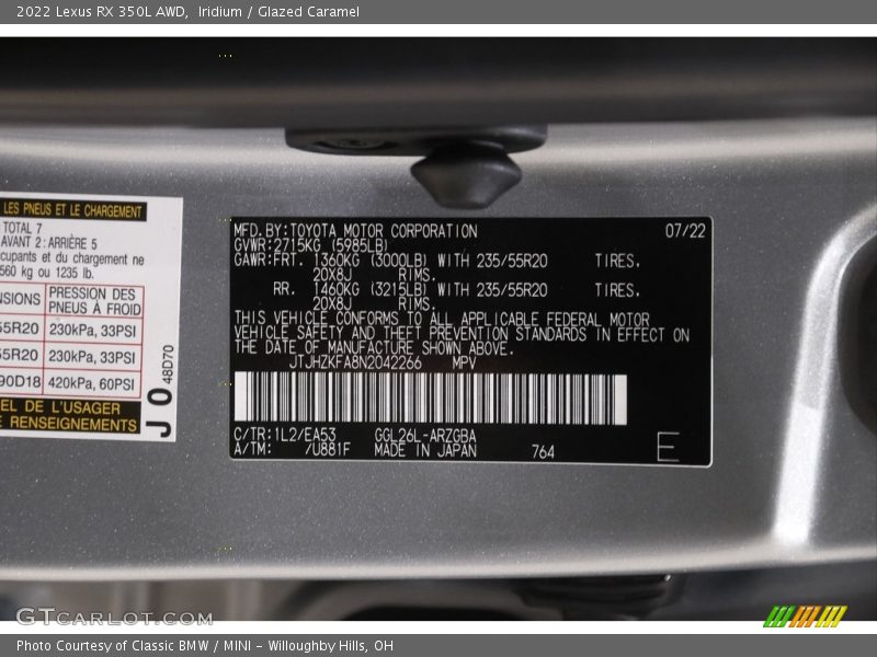 2022 RX 350L AWD Iridium Color Code 1L2