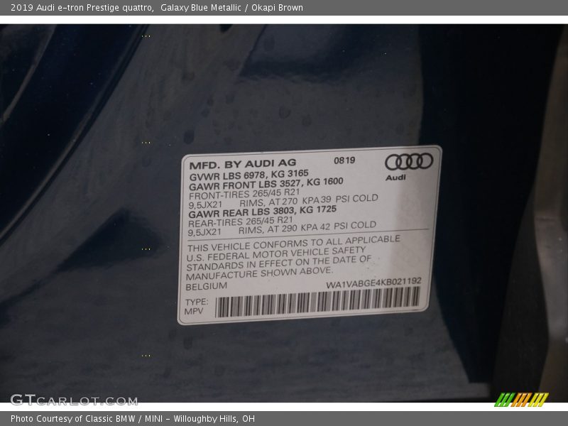 Galaxy Blue Metallic / Okapi Brown 2019 Audi e-tron Prestige quattro