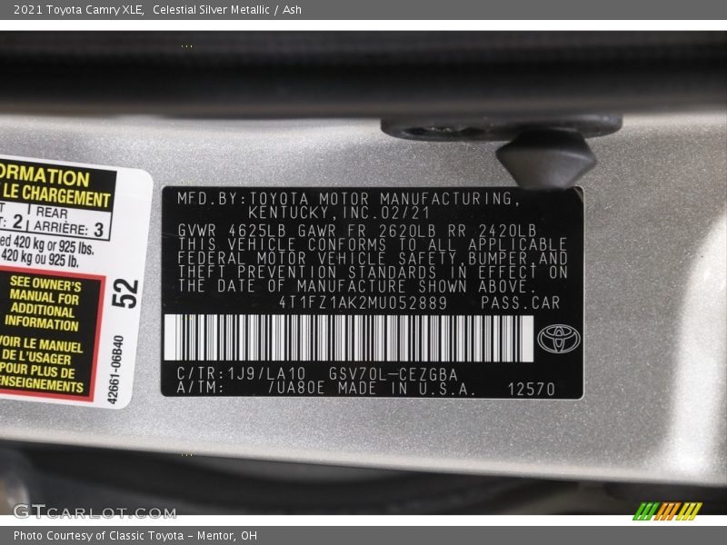 2021 Camry XLE Celestial Silver Metallic Color Code 1J9