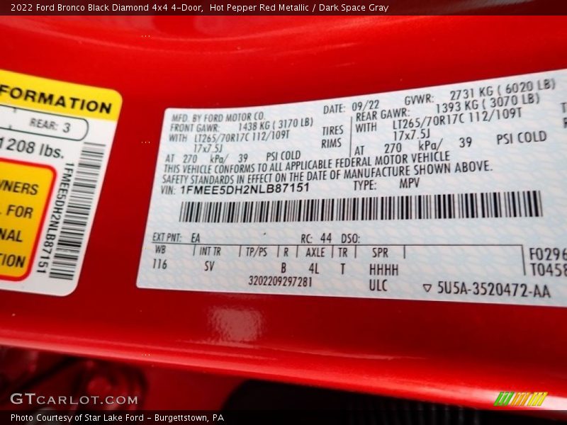 2022 Bronco Black Diamond 4x4 4-Door Hot Pepper Red Metallic Color Code EA