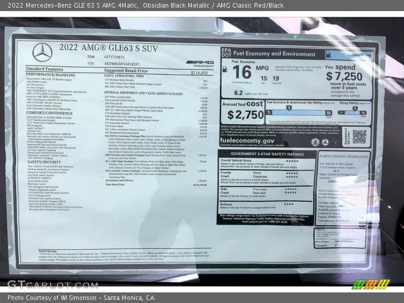  2022 GLE 63 S AMG 4Matic Window Sticker