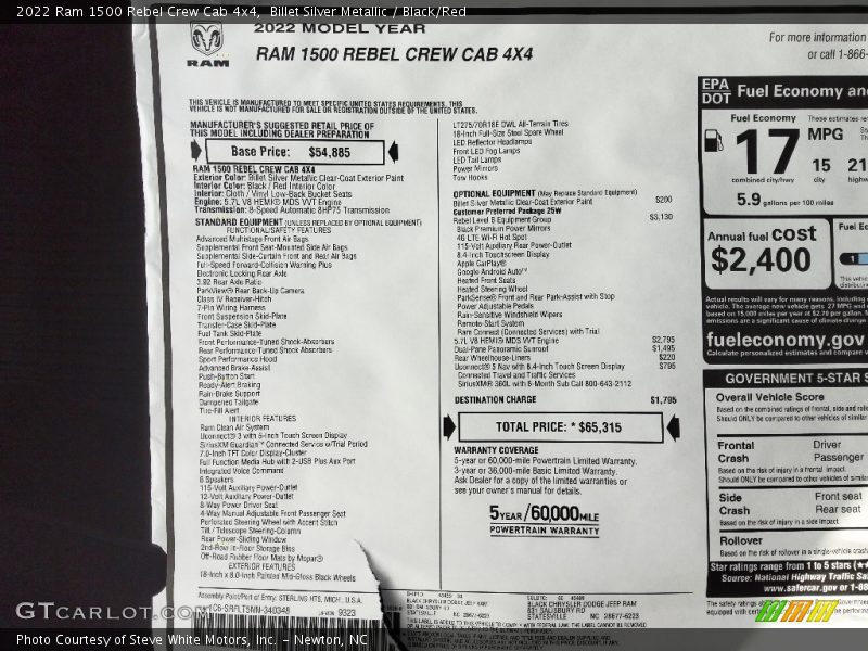  2022 1500 Rebel Crew Cab 4x4 Window Sticker
