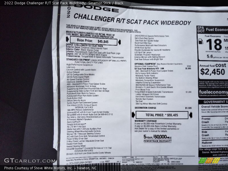 2022 Challenger R/T Scat Pack Widebody Window Sticker