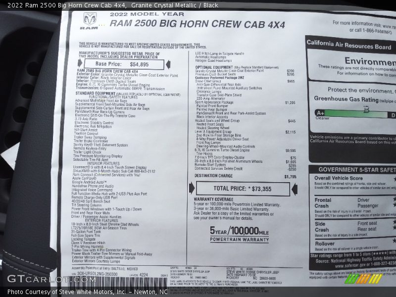  2022 2500 Big Horn Crew Cab 4x4 Window Sticker