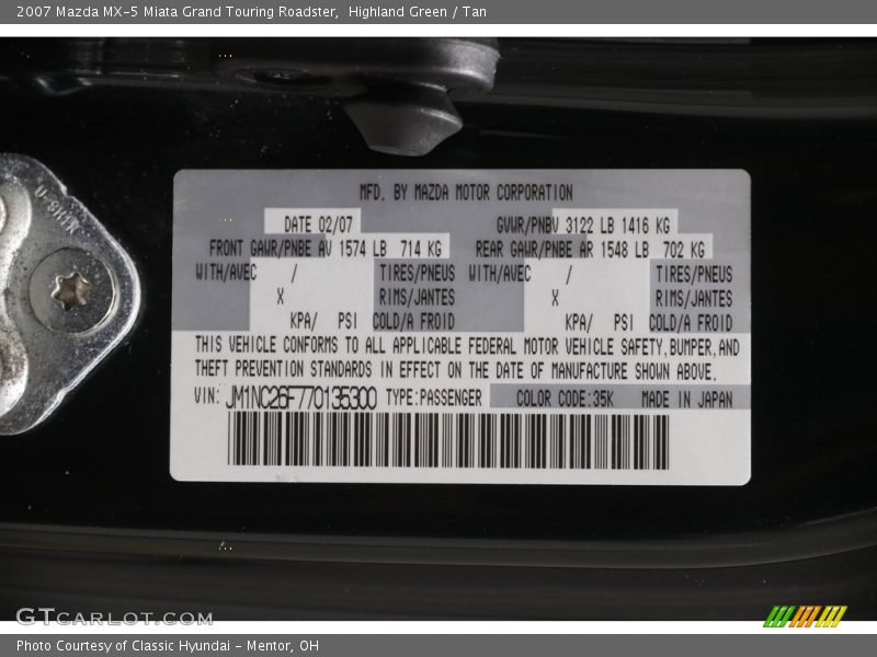 2007 MX-5 Miata Grand Touring Roadster Highland Green Color Code 35K