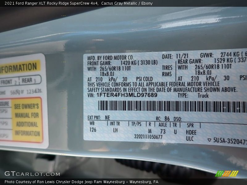 2021 Ranger XLT Rocky Ridge SuperCrew 4x4 Cactus Gray Metallic Color Code NE