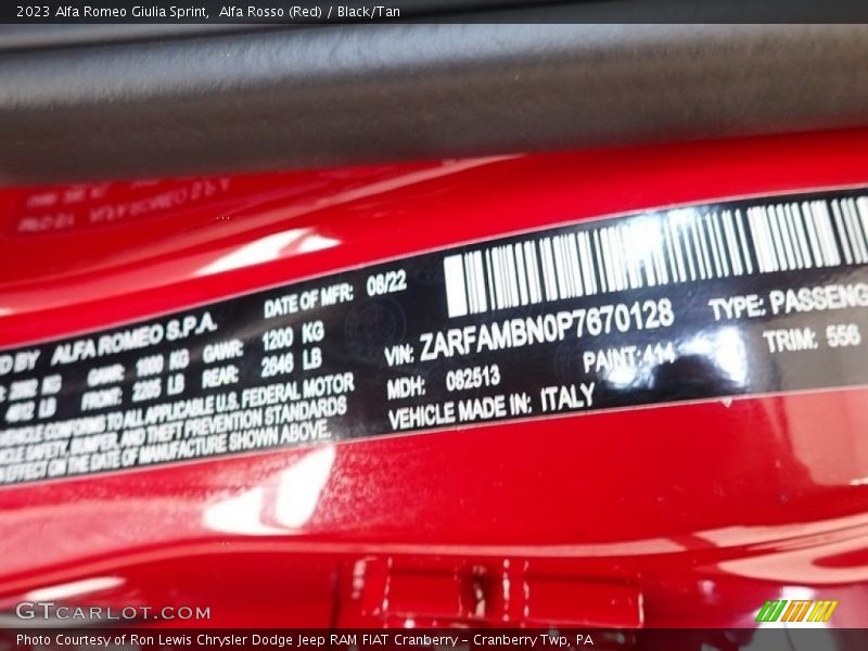 2023 Giulia Sprint Alfa Rosso (Red) Color Code 414