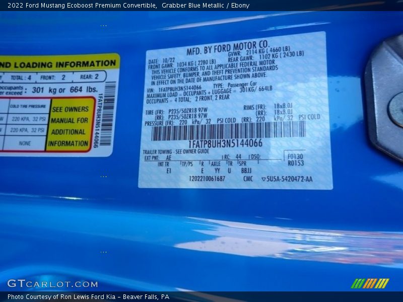 2022 Mustang Ecoboost Premium Convertible Grabber Blue Metallic Color Code AE