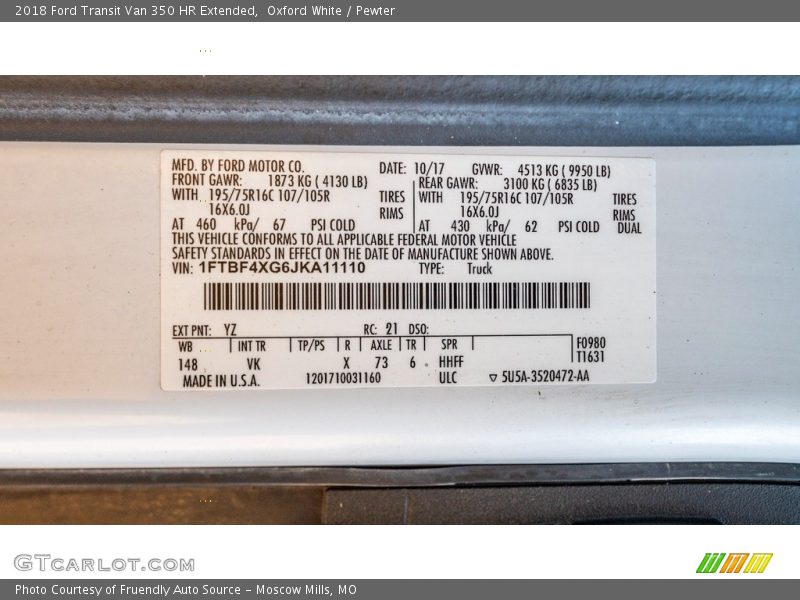 2018 Transit Van 350 HR Extended Oxford White Color Code YZ