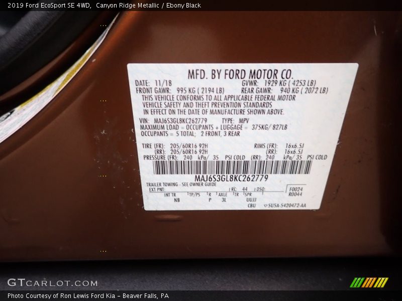 Canyon Ridge Metallic / Ebony Black 2019 Ford EcoSport SE 4WD