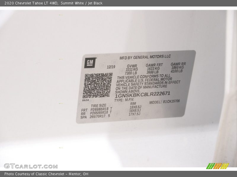 Summit White / Jet Black 2020 Chevrolet Tahoe LT 4WD