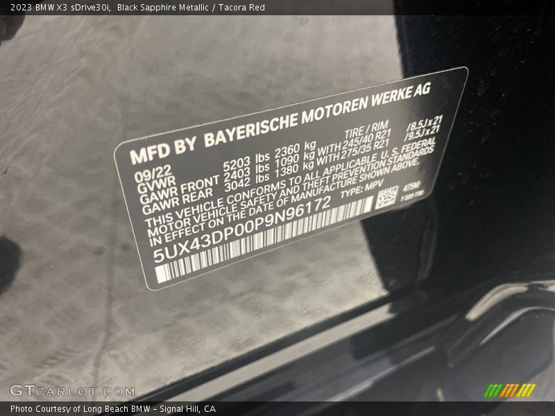 Black Sapphire Metallic / Tacora Red 2023 BMW X3 sDrive30i
