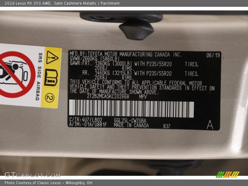Satin Cashmere Metallic / Parchment 2019 Lexus RX 350 AWD