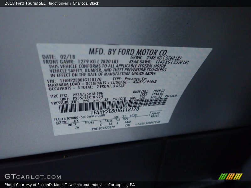Ingot Silver / Charcoal Black 2018 Ford Taurus SEL