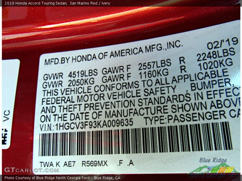 San Marino Red / Ivory 2019 Honda Accord Touring Sedan