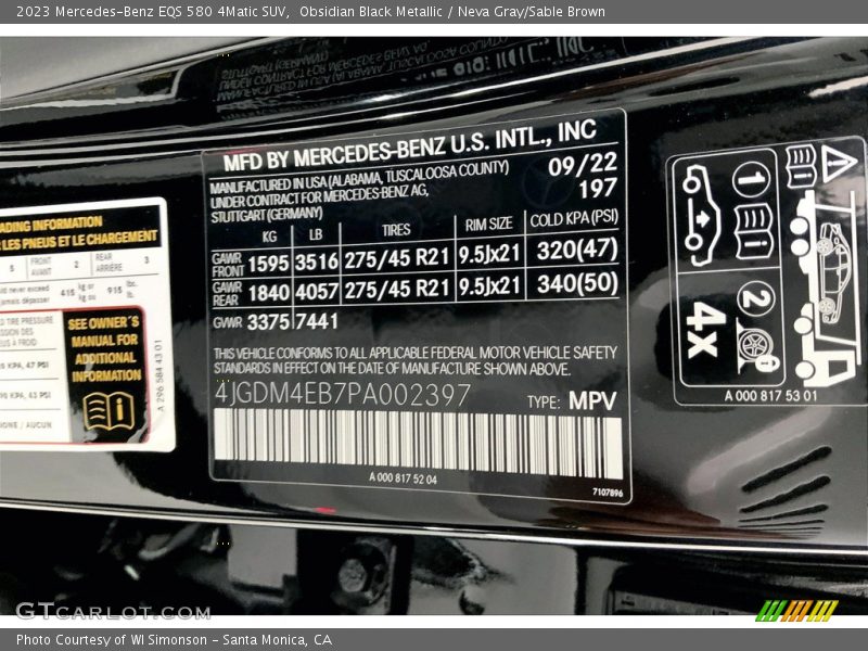 2023 EQS 580 4Matic SUV Obsidian Black Metallic Color Code 197