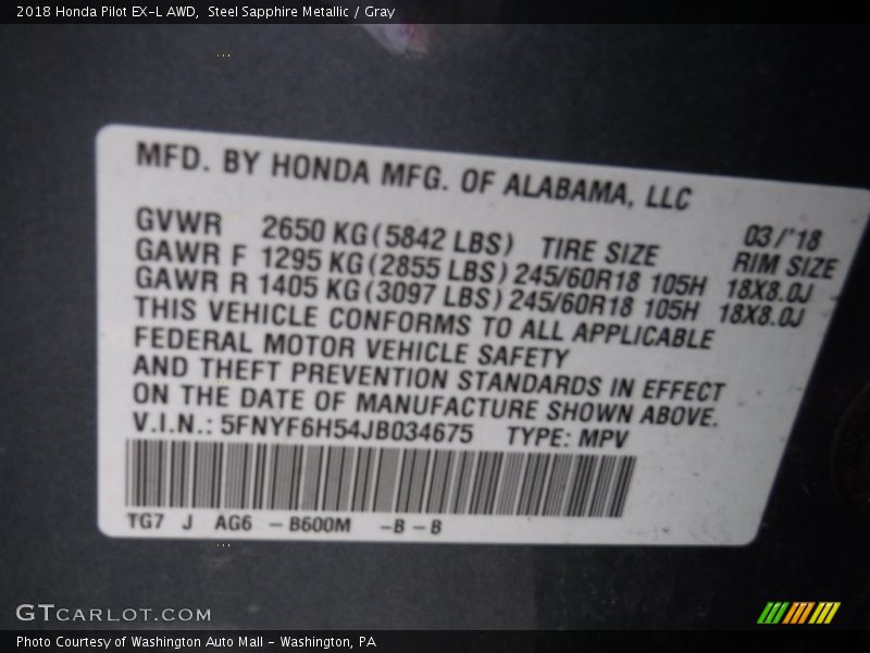 Steel Sapphire Metallic / Gray 2018 Honda Pilot EX-L AWD