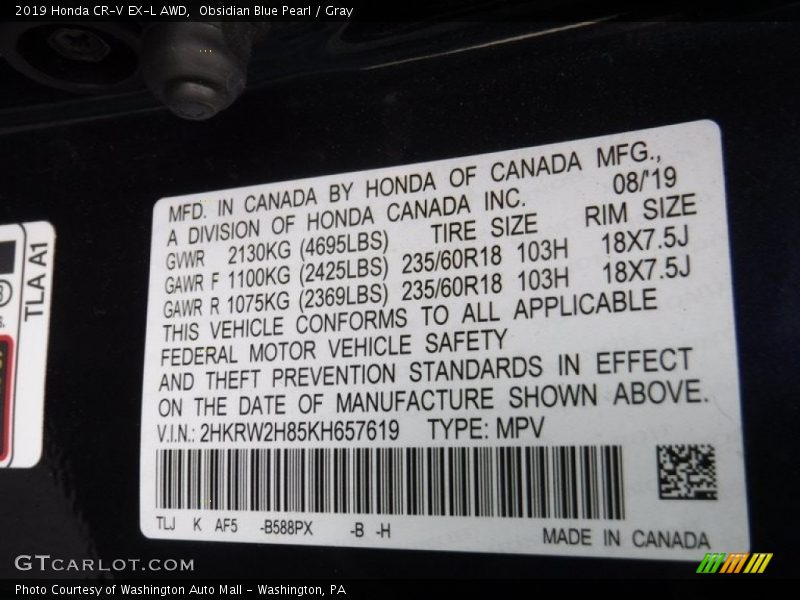 Obsidian Blue Pearl / Gray 2019 Honda CR-V EX-L AWD