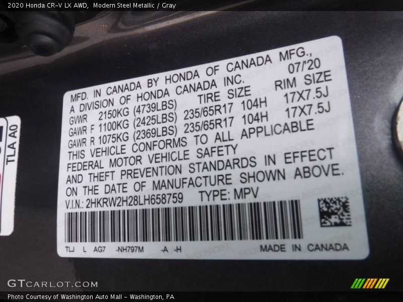 Modern Steel Metallic / Gray 2020 Honda CR-V LX AWD