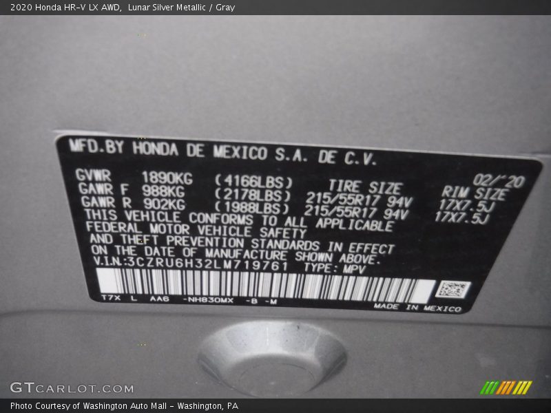 Lunar Silver Metallic / Gray 2020 Honda HR-V LX AWD