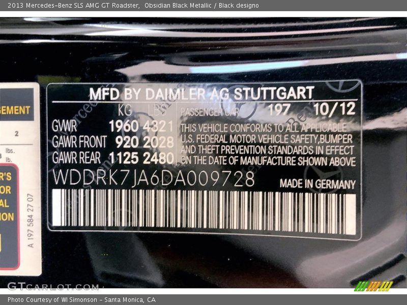 2013 SLS AMG GT Roadster Obsidian Black Metallic Color Code 197