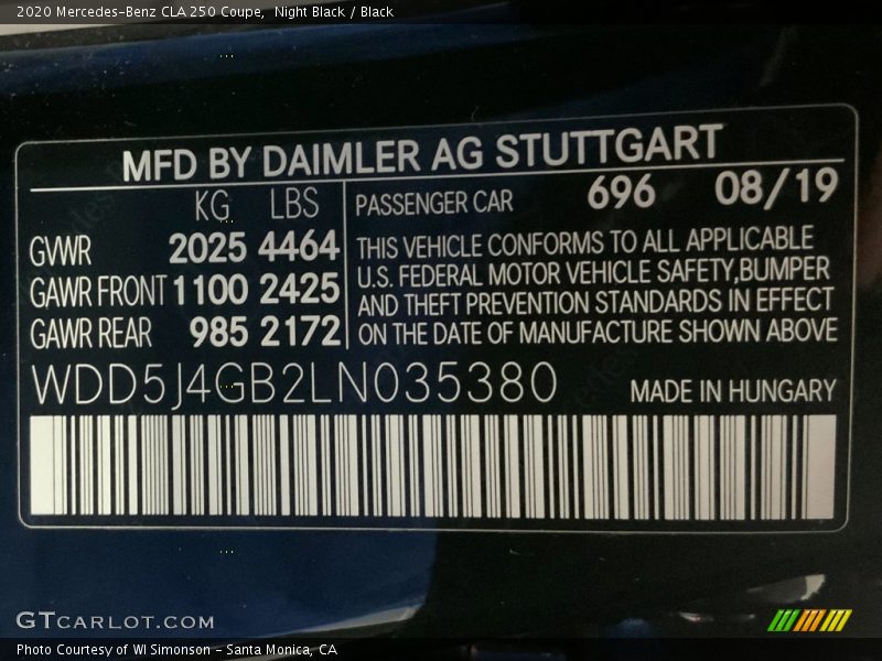 Night Black / Black 2020 Mercedes-Benz CLA 250 Coupe