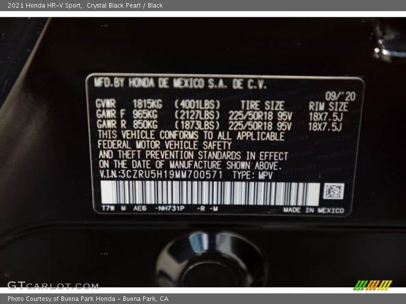 Crystal Black Pearl / Black 2021 Honda HR-V Sport