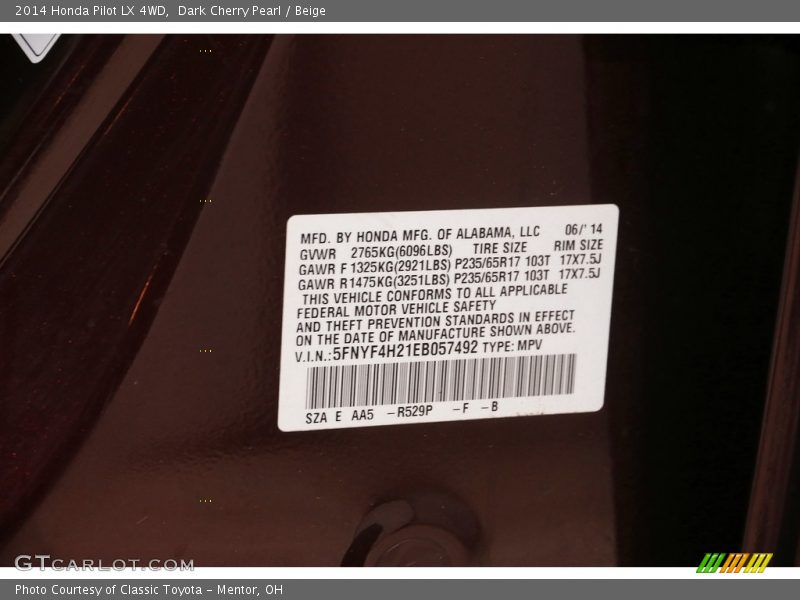 2014 Pilot LX 4WD Dark Cherry Pearl Color Code R529P