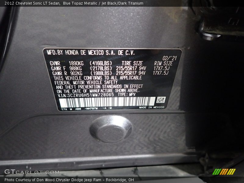 Blue Topaz Metallic / Jet Black/Dark Titanium 2012 Chevrolet Sonic LT Sedan