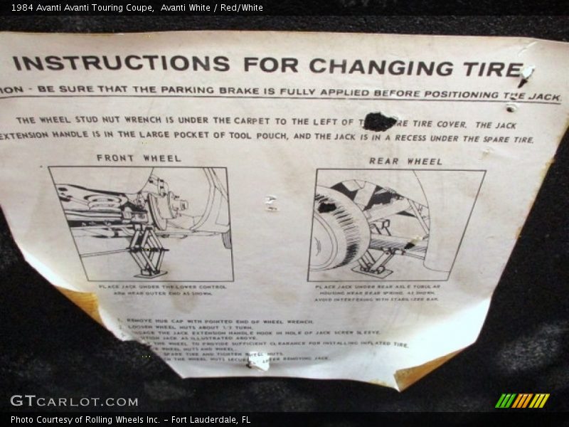 Info Tag of 1984 Avanti Touring Coupe